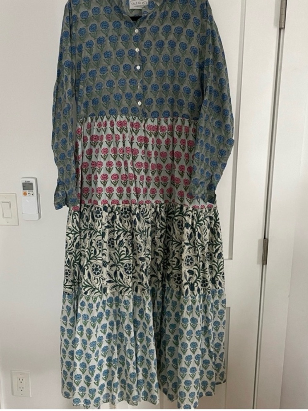 Lido Boho Floral Patchwork Maxi Dress in Blue and Pink